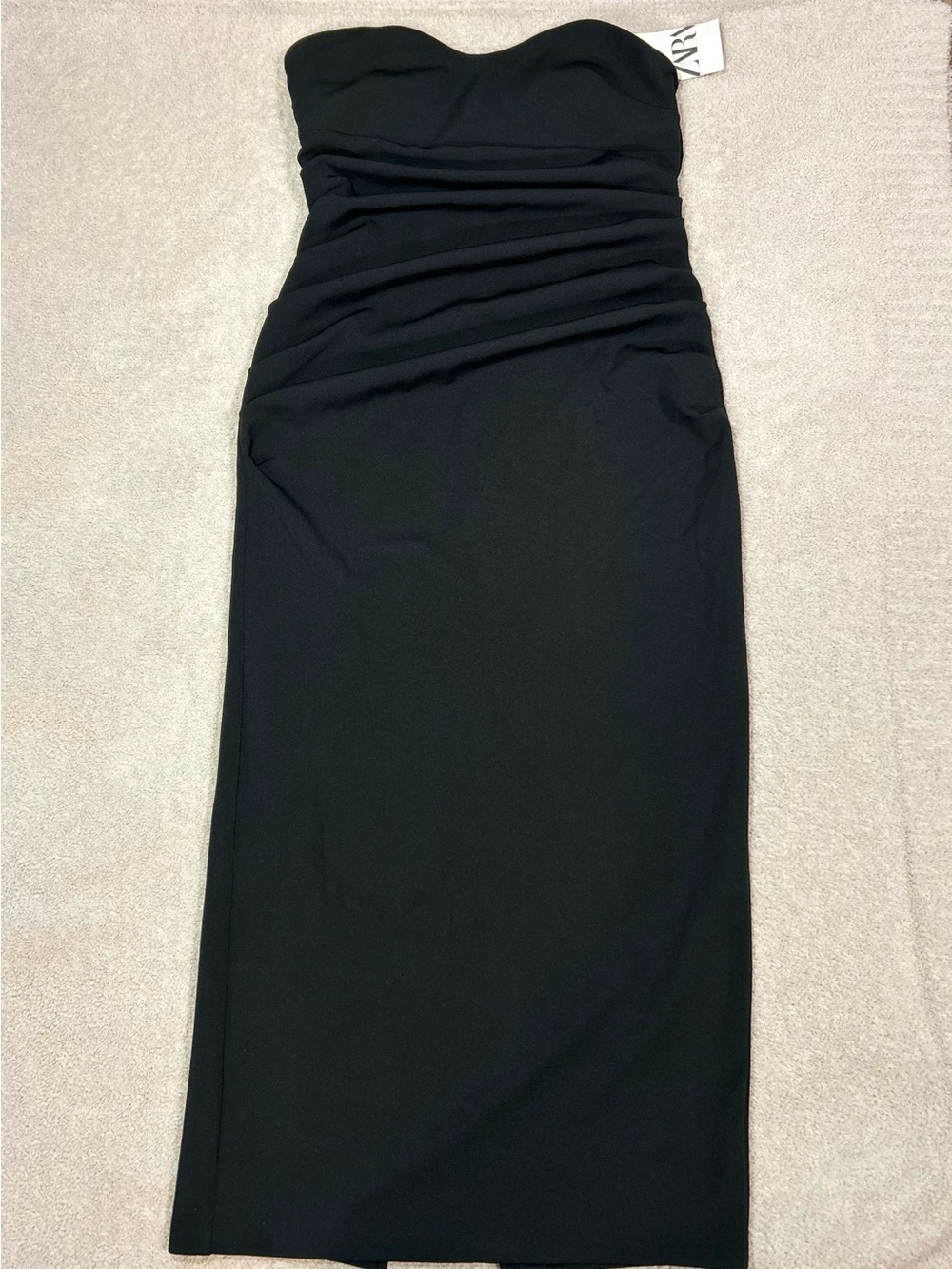 Zara Black Strapless Ruched Midi Dress
